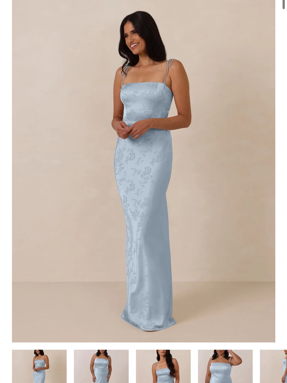 Park & Fifth Light Blue Floral Satin Spaghetti Strap Wedding Dress